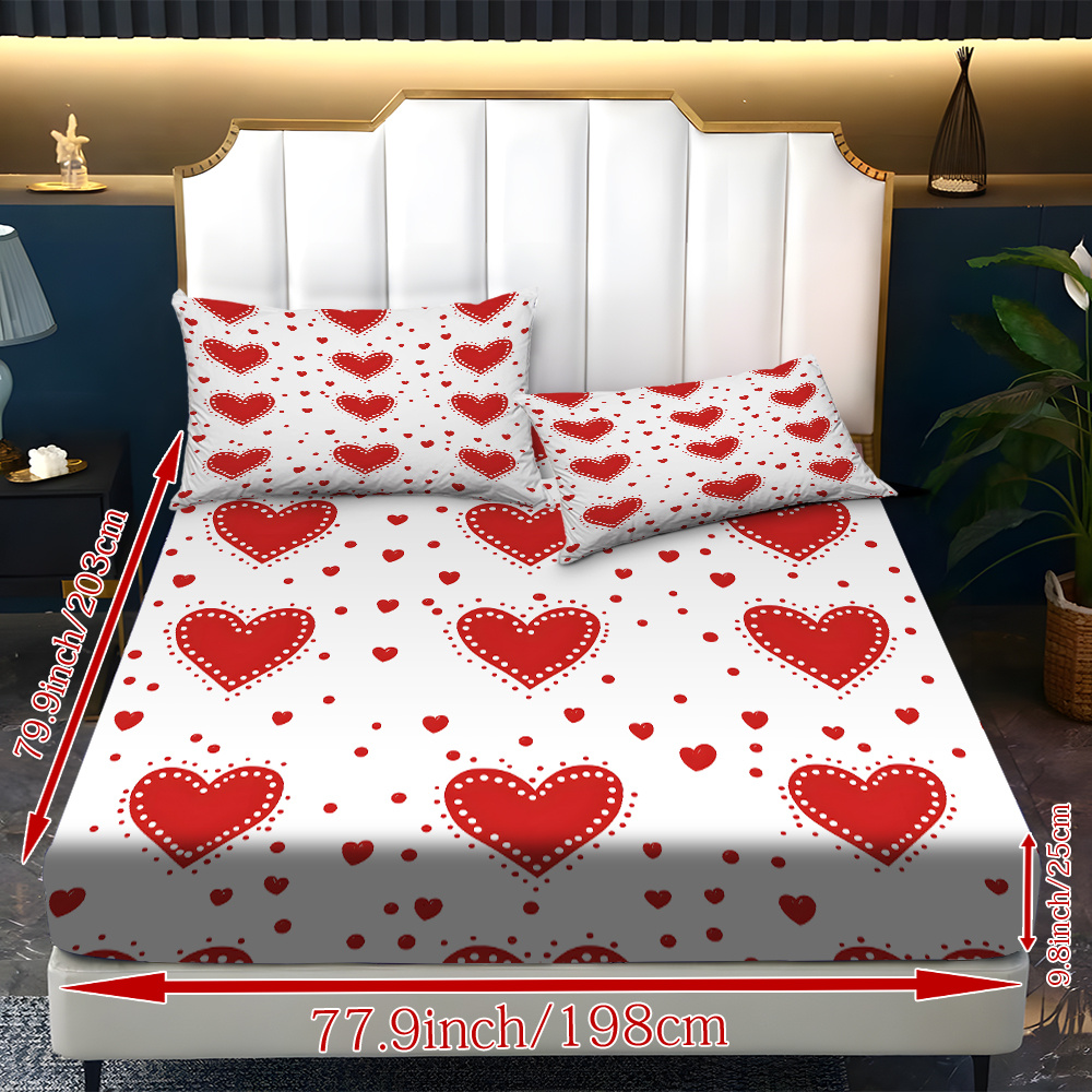 3pcs valentines day bedding set red hearts on white fitted sheet pillowcases soft mattress protector with deep pocket   to   machine washable   sheets for couples hotels dorms   design dorm essentials romantic decor durable construction hotel owners Product details 14