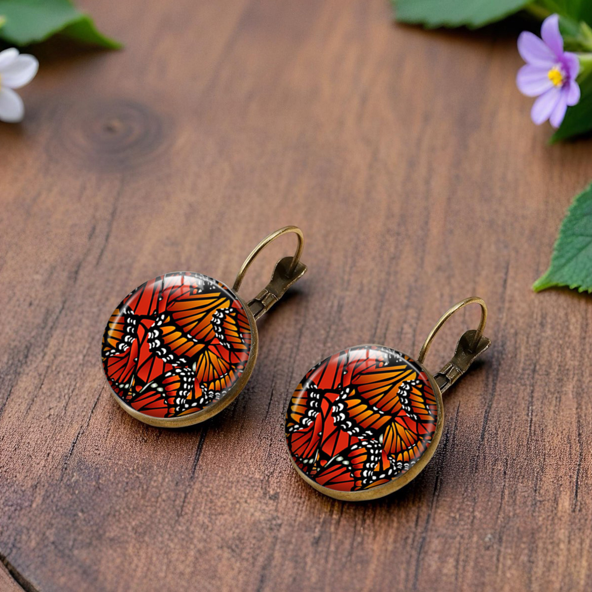 Monarch Butterfly Wing Pattern Round Glass Dome Dangle Earrings, Fashion Gift