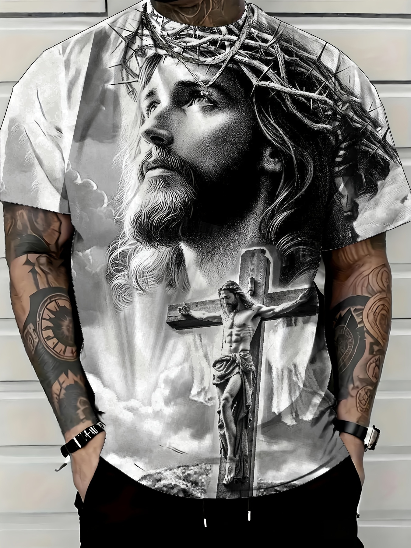 white short sleeved t shirt printed with   of christs suffering and   is very suitable for religious and faith related activities