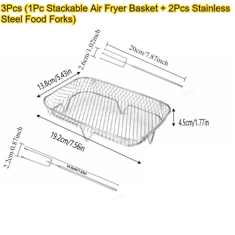 TEMU 3pcs Set: 1 Stackable Air Fryer Basket + 2 Stainless Steel Food Forks, Stainless Steel Cooking Rack. Suitable For Chicken Wings , Space-saving