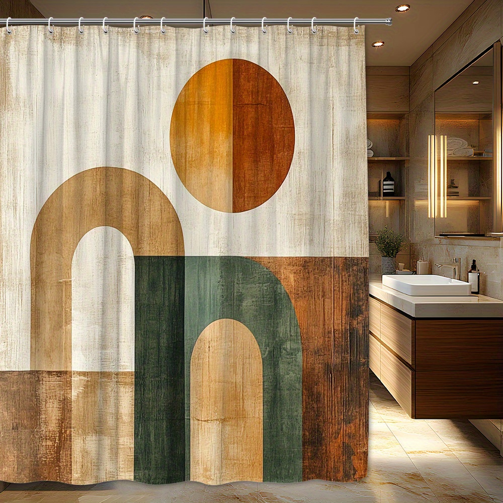 TEMU 1pc Mid-century Modern Geometric Shower Curtain - Abstract Brown, Green, And Burnt With Beige Background, Polyester Fabric, 70.87x70.87 Inch,