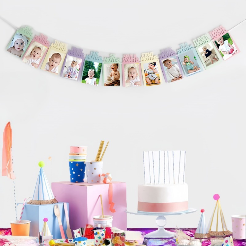 Image of 1pc 12-month Milestone Photo Banner, Paper Picture Garland For Shower Party Decorations, No Electricity Required, Featherless, Shower Decor|event Backdrop|paper Craft Banner