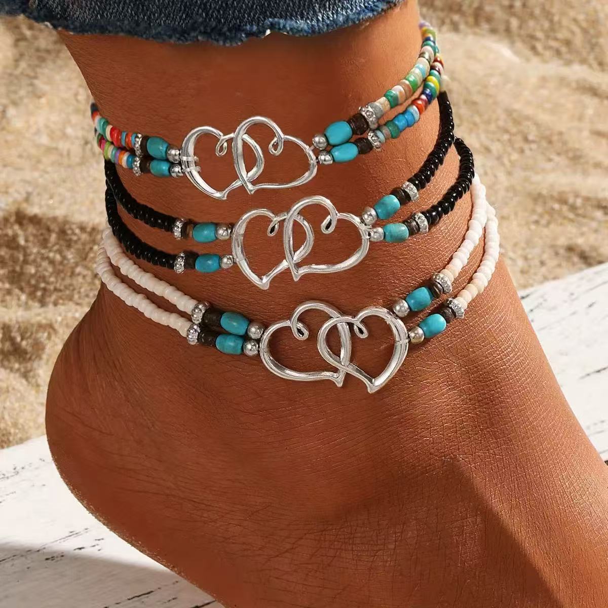 TEMU Parure de 3 bracelets de cheville à perles de cœur emboîtables, style bohème avec perles multicolores en lapis-, bijou de cheville pour l'été et