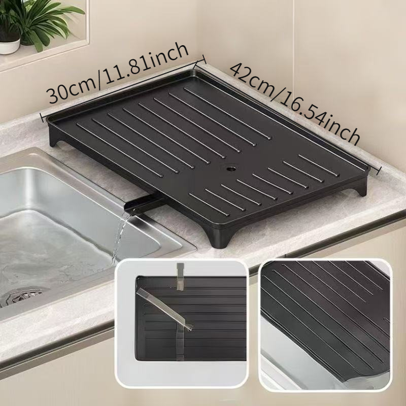 Organizador de escurridor de platos resistente para debajo del fregadero con sistema de drenaje - Caja de almacenamiento de cocina que ahorra espacio, drenaje anti-obstrucción, estantes de varios niveles para platos, tazones, tazas, utensilios - Organizador de gabinete fácil de limpiar para cocinas pequeñas - Negro moderno