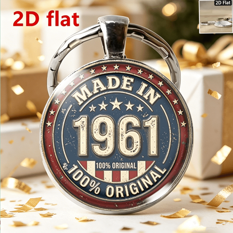 TEMU Portachiavi piatto 2D in di vetro con motivo commemorativo della nascita in stile vintage americano del 1961 in inglese / IN 1961 100% ORIGINALE