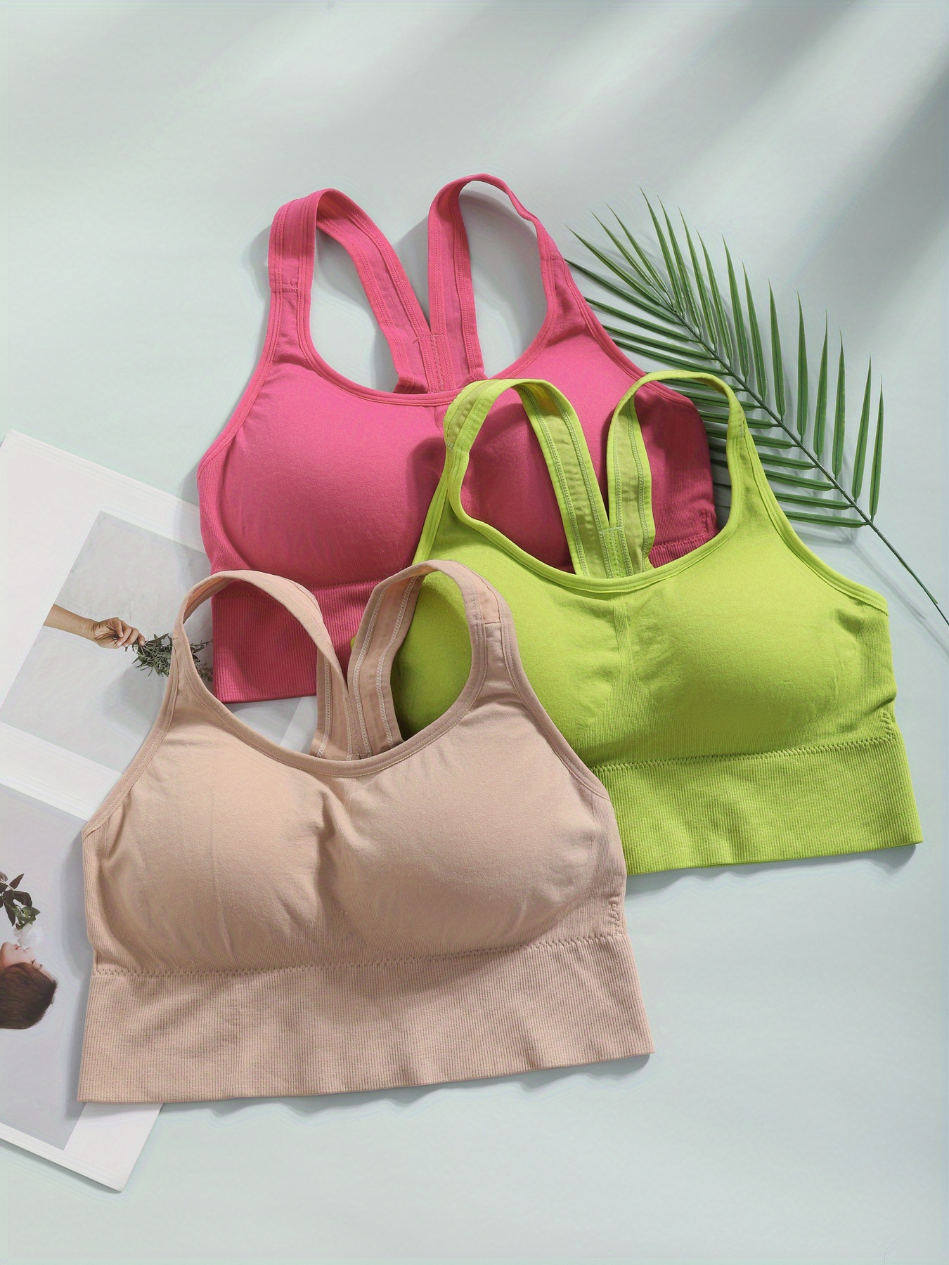 3pcs plus size push up bras anti sagging removable pads medium support round neck stretch fabric for running workouts daily   beige   bras sleek sports bras   bras matcha apricot rose red 4