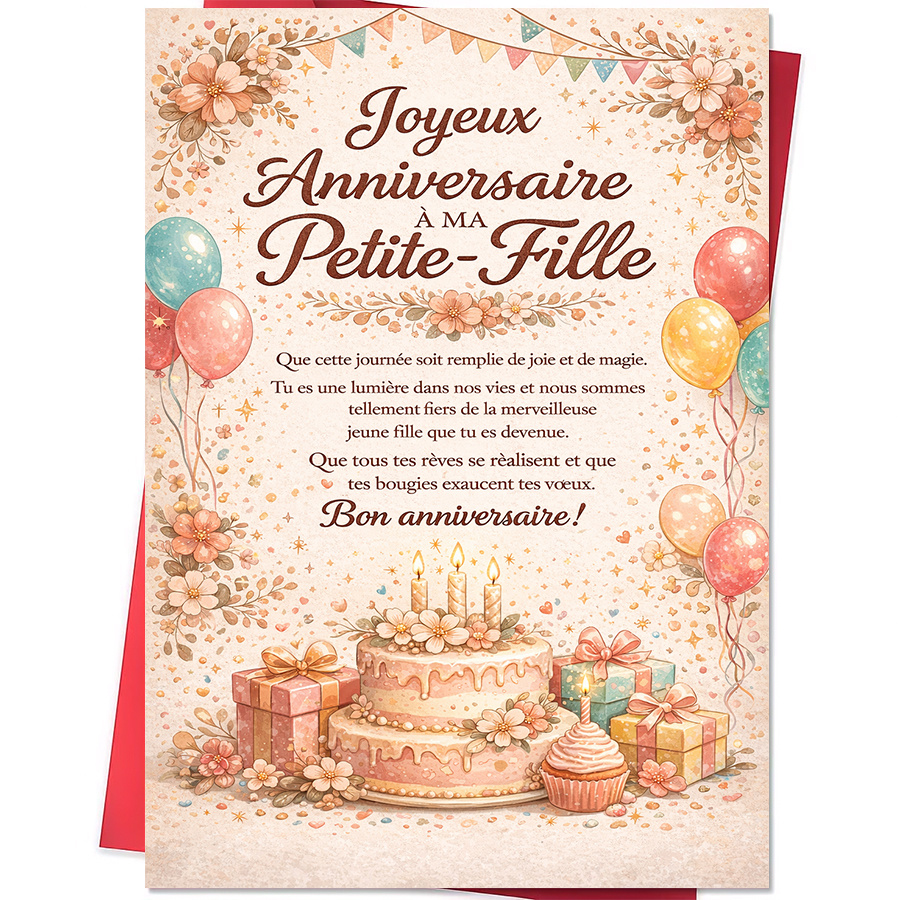 TEMU 1 Carte de vœux + 1 Enveloppe, 1 pièce, Carte de vœux pour parents à fille pour son anniversaire avec motif de ballon floral et de gâteau pour