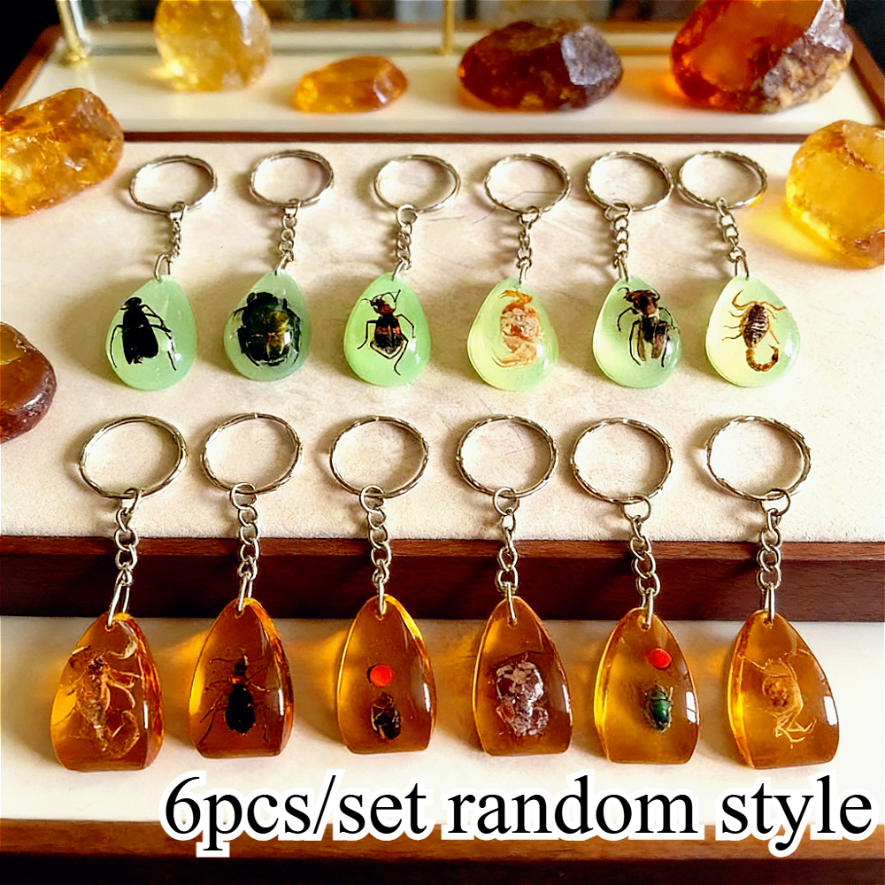 TEMU Set Of 6 Assorted -the-dark Insect Specimen Keychains, Perfect For Backpacks, Car Keys, Unisex Use, Friendship Tokens, Event Keepsakes, And An