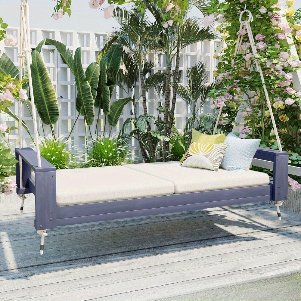 Garden seating. Swing chair. Double-sized porch swing bed seating set with hemp rope swing frame, suitable for gardens and backyards. Minimalist rustic style, ideal for courtyards and gardens. Mattress sold separately.