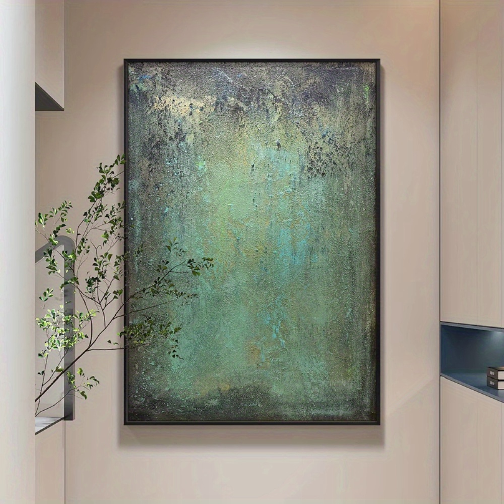 TEMU 2d Flat, Paintings, 1pc 100% Hand-painted Canvas, Modern Abstract Mid-century Italian Vabisa-style Green Decorative Art, Luxurious Wooden Frame.