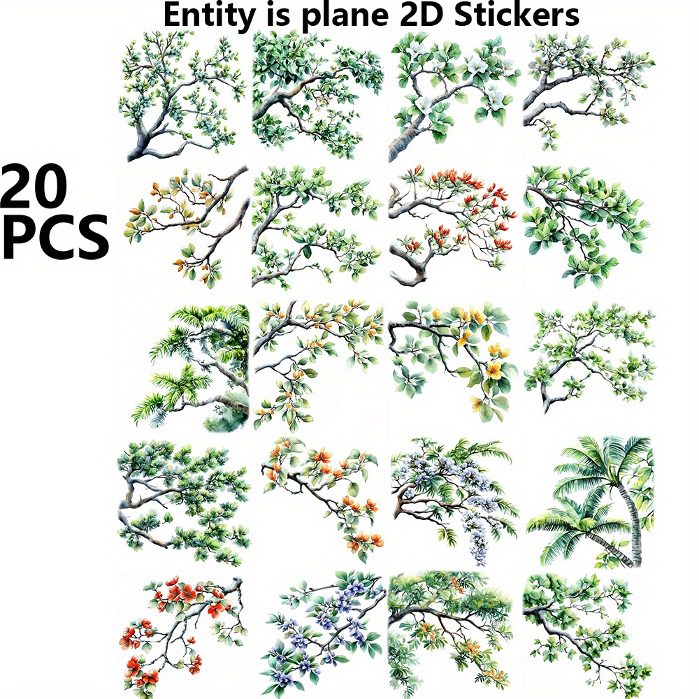 TEMU Lot de 20 autocollants épais feuilles vertes et branches, autocollants 2D plans, variés pour projets d'artisanat, scrapbooking, bagages,