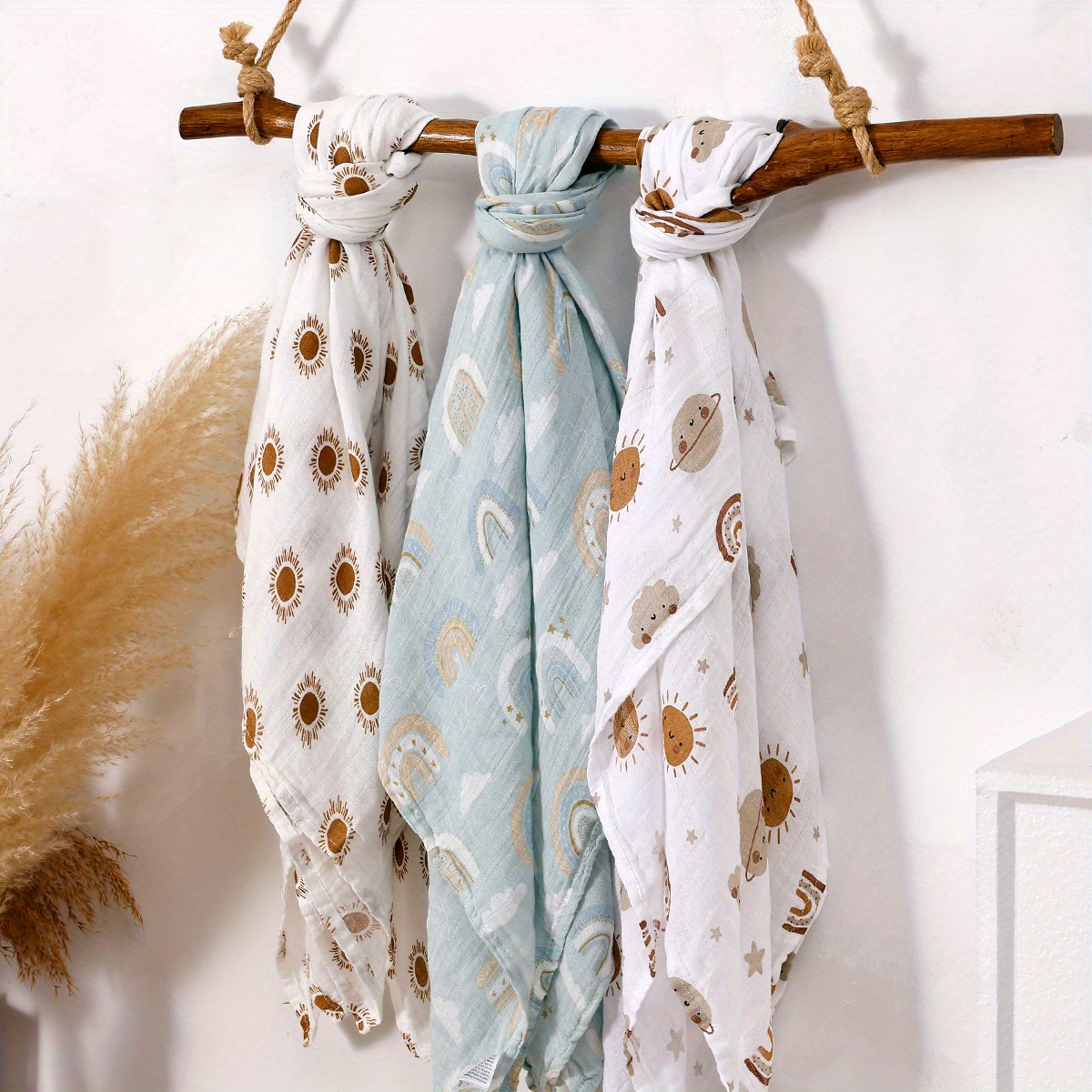 3PCS Sun Rainbow Pattern Soft Receiving Blanket Muslin Baby Blankets