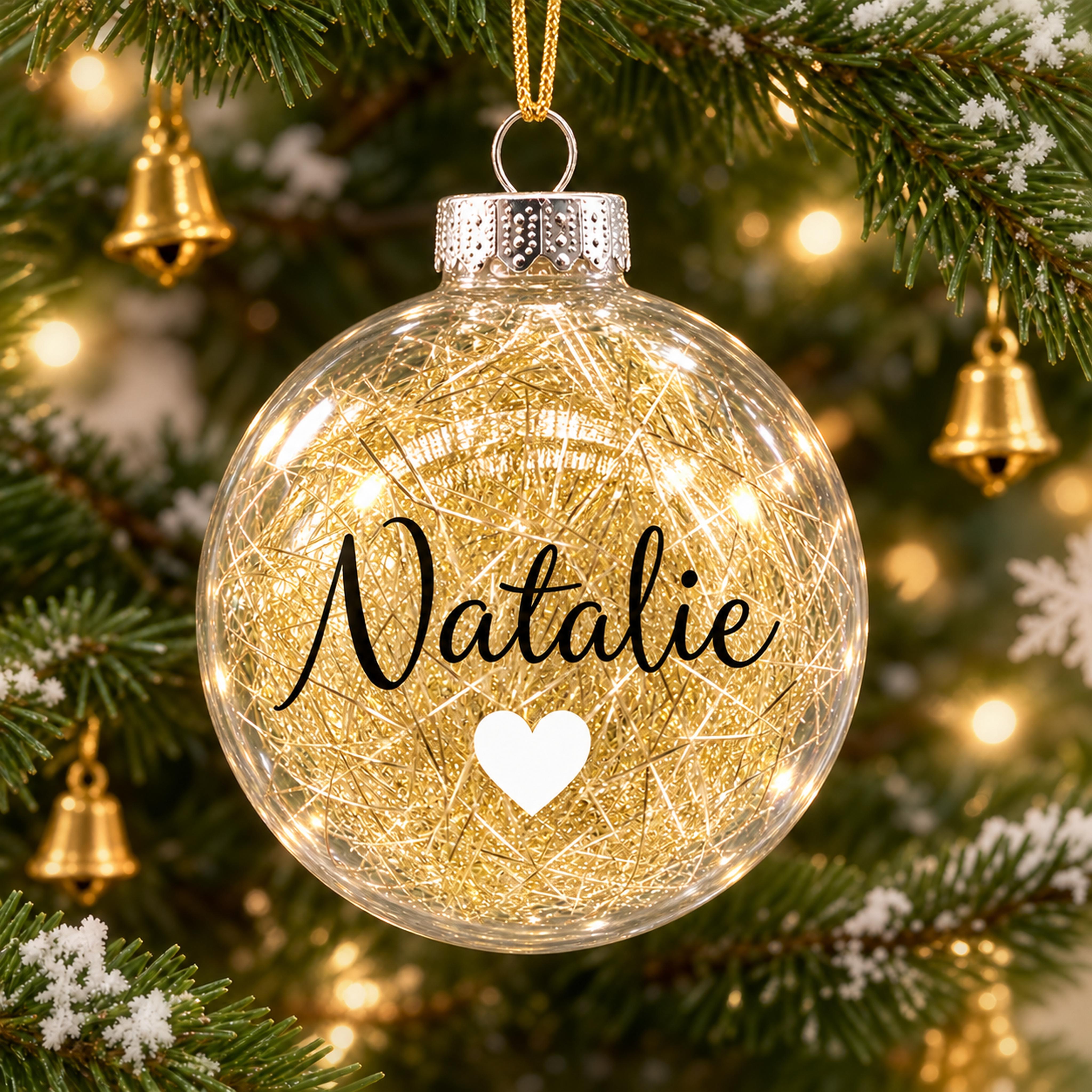 TEMU Personalized Christmas Bauble With Custom Name And White Heart, Clear 8cm Plastic Ball Ornament Filled With Sparkling Tinsel, In Red, , Golden,