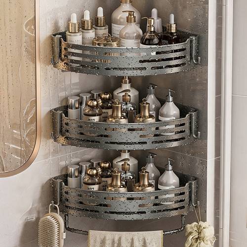 4 tier no drill bathroom organizer shelf shower caddy with towel hanger and hooks drainage wall storage rack for shampoo soap conditioner bottles space saving home supplies for master bathroom