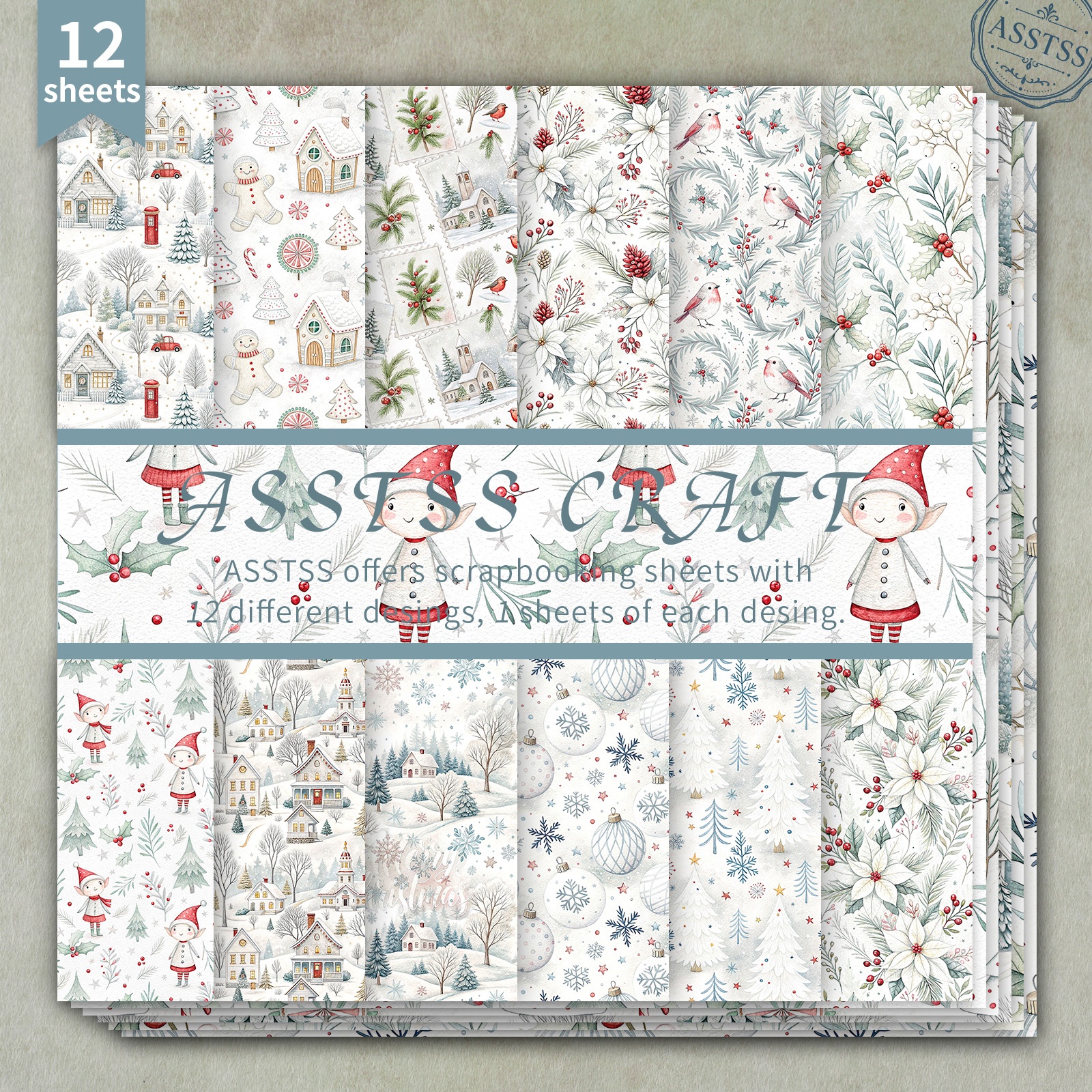 TEMU 12-sheet Asstss 6x6 Inch Scrapbooking Paper Pad, Christmas Winter Watercolor Elf House Holly Snowflake Style Backing Paper Supplies, Heavyweight