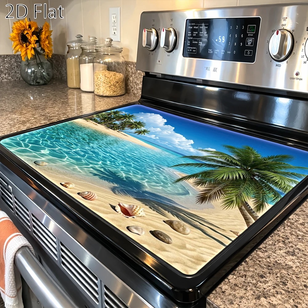 TEMU 2d Flat Multifunctional Stove Protector Mat With Beach Coconut Tree Pattern, Suitable For Gas Stove, Glass Cooktop, Induction Cooker, For Oven,