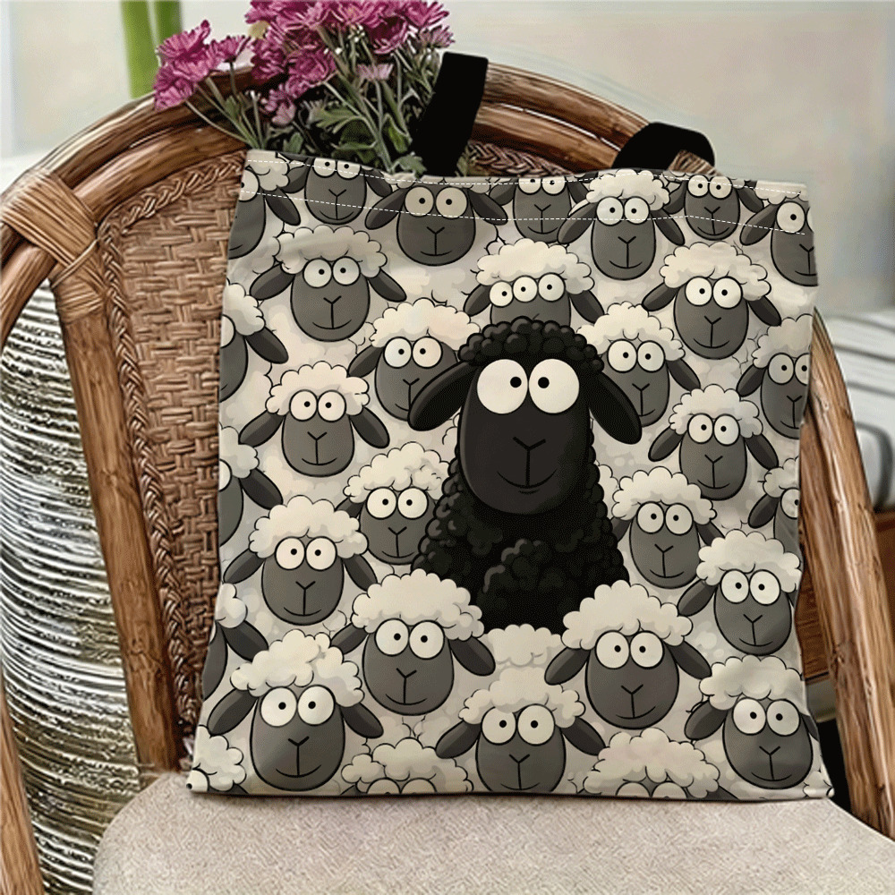 TEMU 1pc Double-sided Printing Black Sheep Printed Tote Bag - Durable Fixed Shoulder Strap, Women' Shopping Fashion Hand Wash Bag, Sturdy