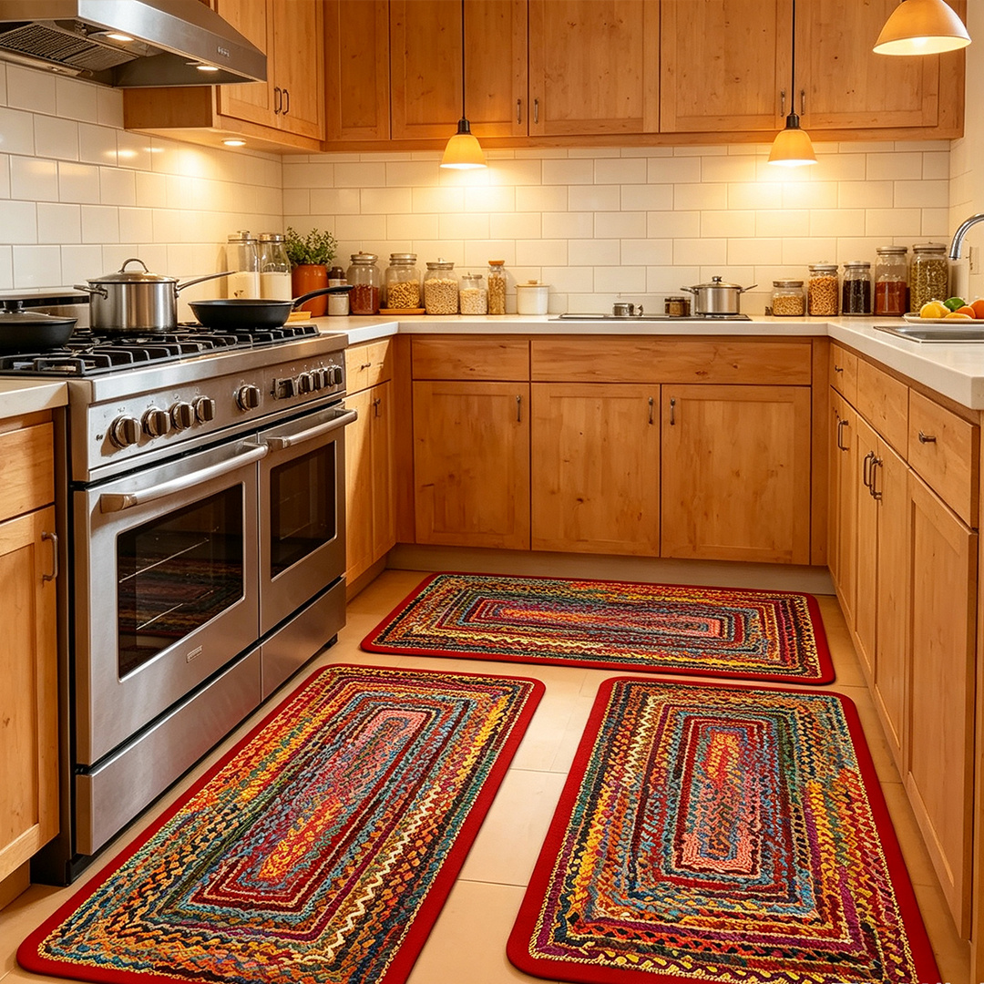 TEMU 3pcs Boho Kitchen Rugs Set, Colorful Braided Vintage Ethnic Print Non-slip Standing Floor Mats, Mats For Kitchen, Dining, Laundry, Bathroom,