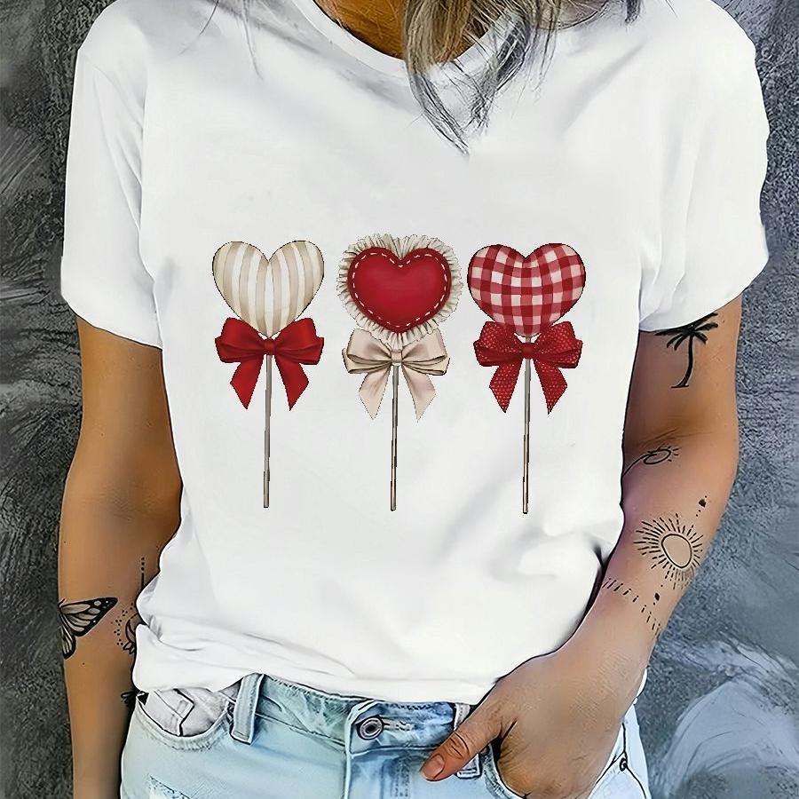 

Women's Valentine's Day Casual T-shirt, 95% Polyester 5% Elastane, Crew Neck, Regular Length, Knit Fabric, 180gsm, Spring/summer/fall, Anime Heart Pattern With Embossed