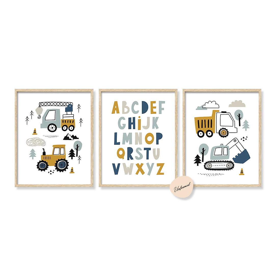 TEMU 2d Flat, 2d Flat, Set Of 3 Unframed For Nursery Murals With An Architectural Theme, Featuring Wall Art Of Vehicles Like Excavators And , Along