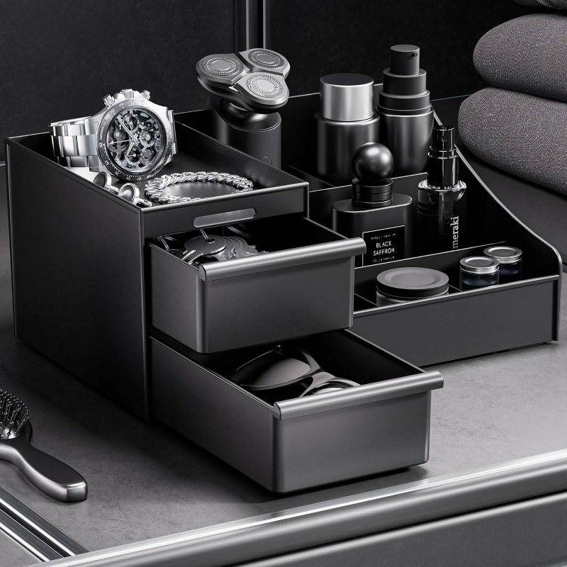 TEMU Zwarte Cologne Organizer voor Mannen - Multi-Compartiment Opbergdoos voor Deodorant, Scheerlotion, Parfum & Huidverzorging - Gemakkelijk te