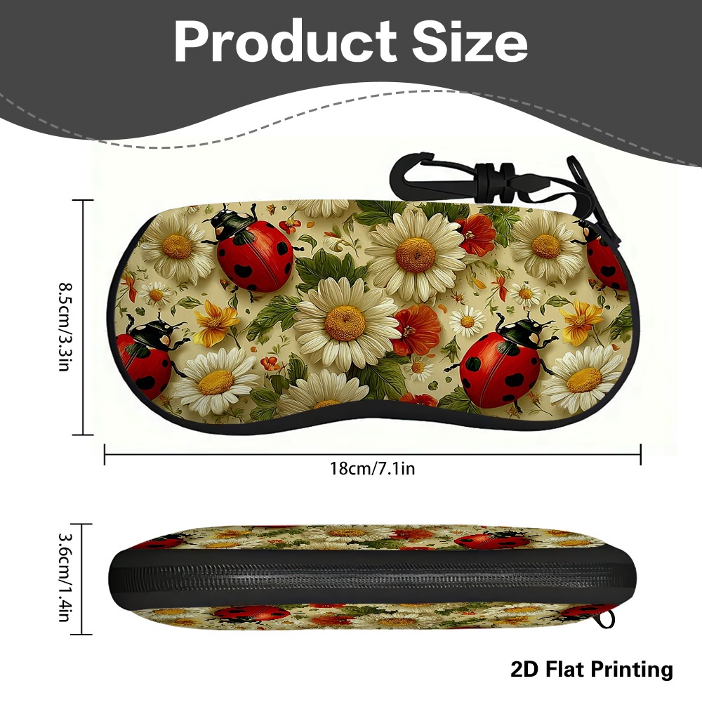 TEMU 1pc Vibrant 2d Flat Spring Ladybugs And Daisies Eyewear Case With Zipper & Keychain – , Portable & Stylish, Types. Ideal For Eyewear, Travel &