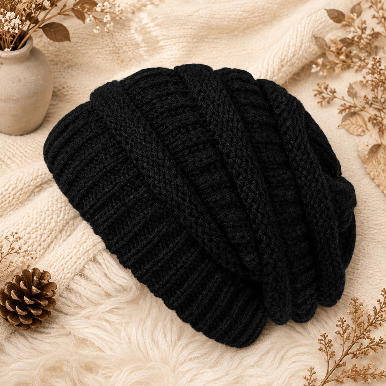 TEMU 1pc Meirunsen Chunky Cable Slouchy Beanie Hat - Adjustable Stretch Oversized Baggy Cap, Soft Warm Winter Hat Suitable For , Machine Washable
