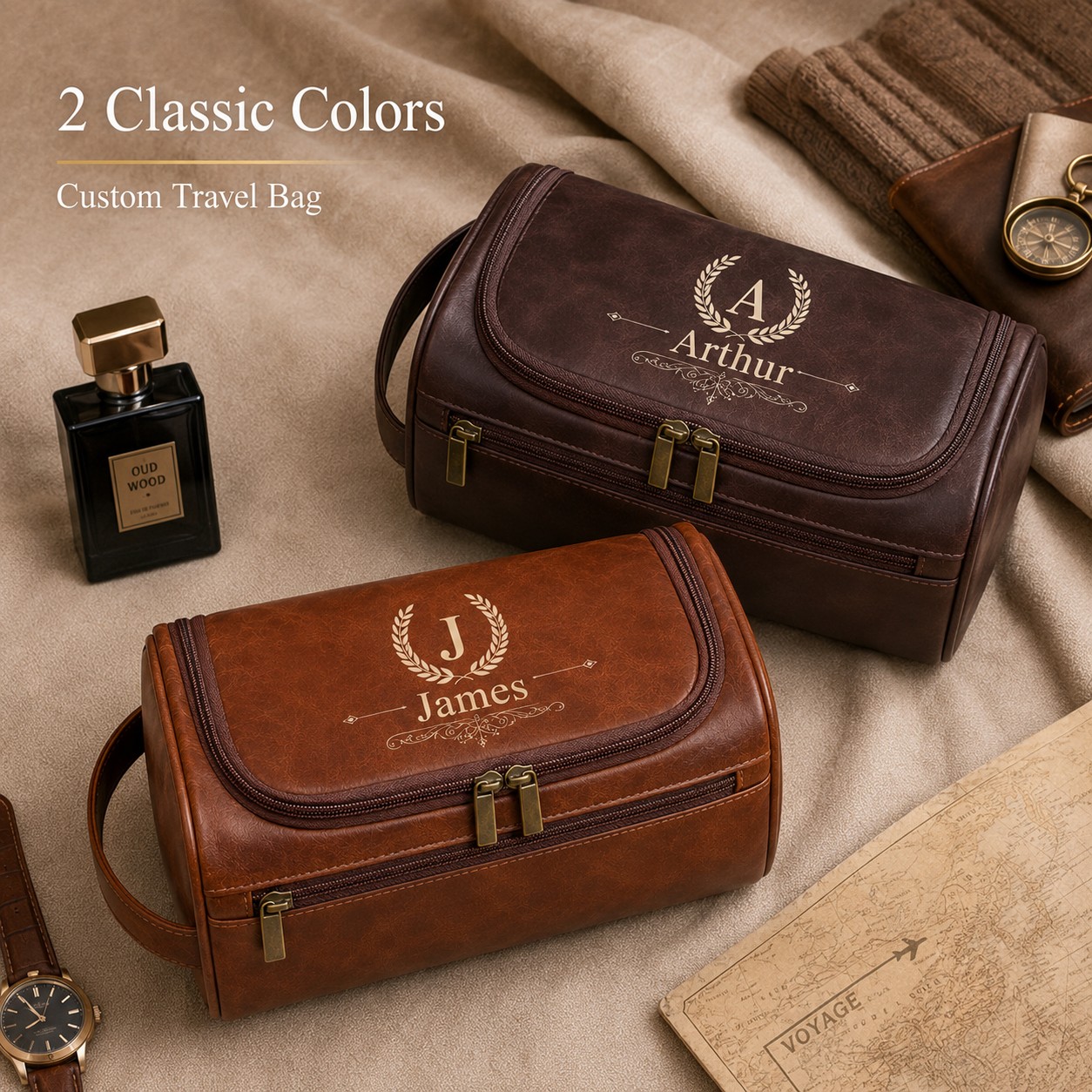 TEMU Customizable Men's Toiletry Bag With Initials, Large Hanging Travel Organizer For Shaving Kit, Dual Zippers Portable Foldable Storage Pouch,