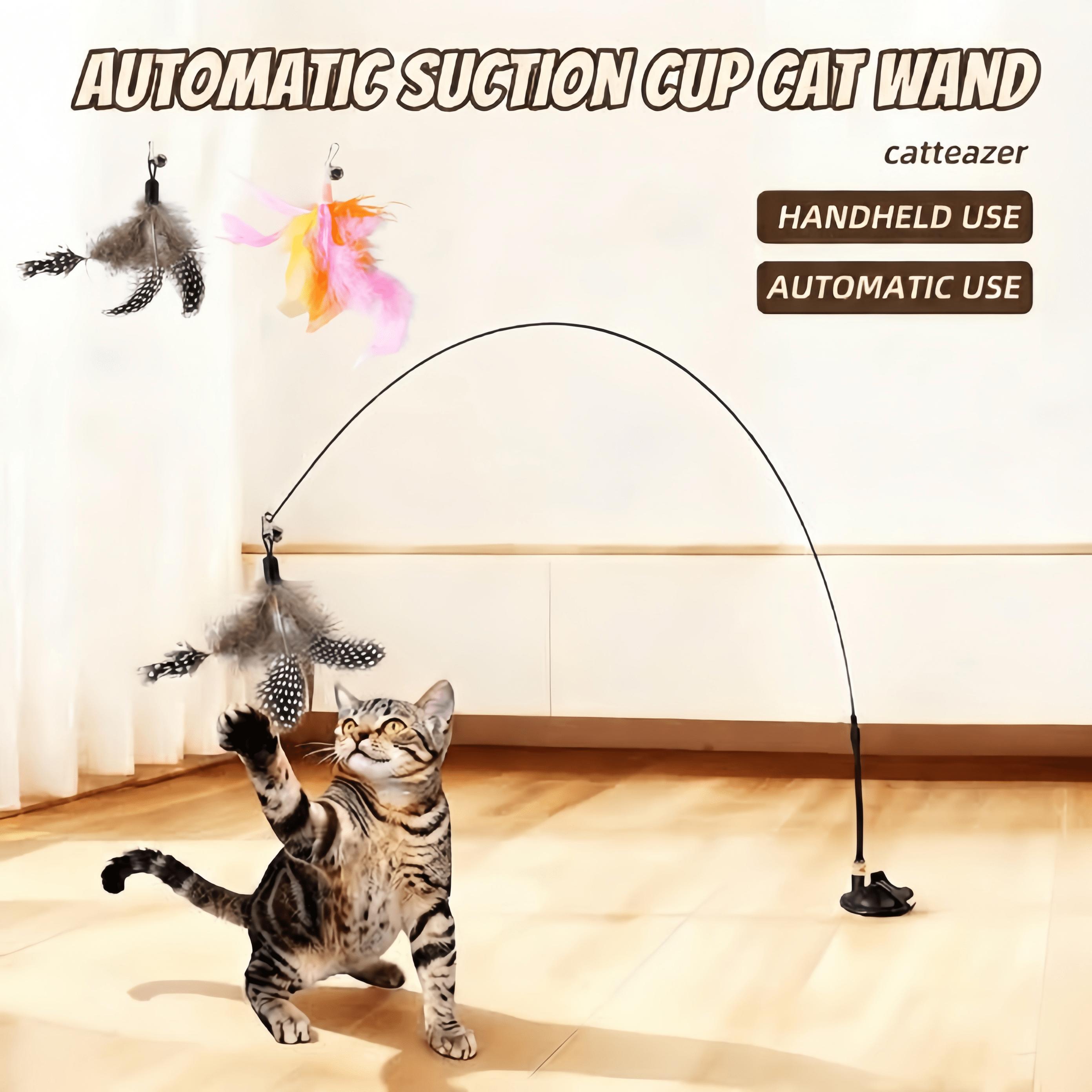 TEMU 3pcs Cat Teaser Toy Set With Wand And Suction Cup And 2pcs Replaceable Feathers - Interactive Bell-look Feathers Suitable For Indoor Scratching,
