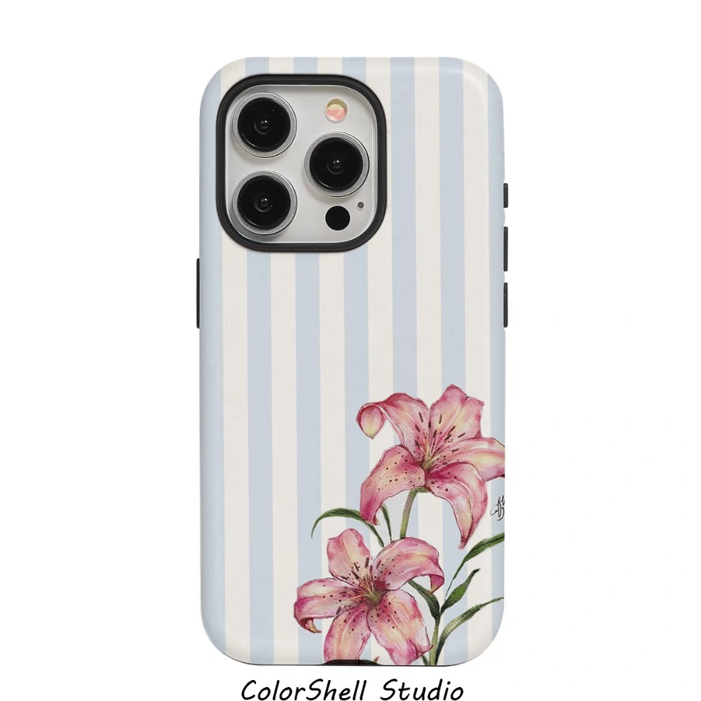 TEMU Phone Case: Phone- Coastal Granddaughter Lily Flower Phone 17/17 Pro/16 Pro And More- Blue Striped Watercolor Floral Cover