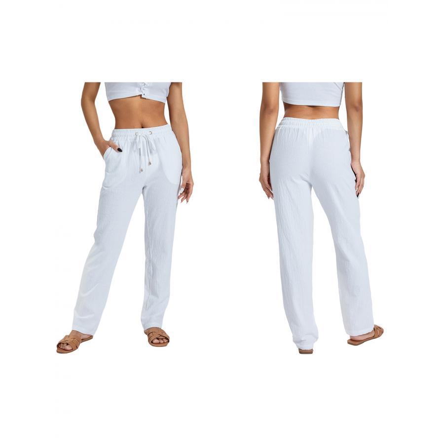 

Women's Cotton Wide-leg Trousers, Chic Solid Color, Drawstring Waist, Lace-up Detail, Casual Loose- Pants For Spring/fall
