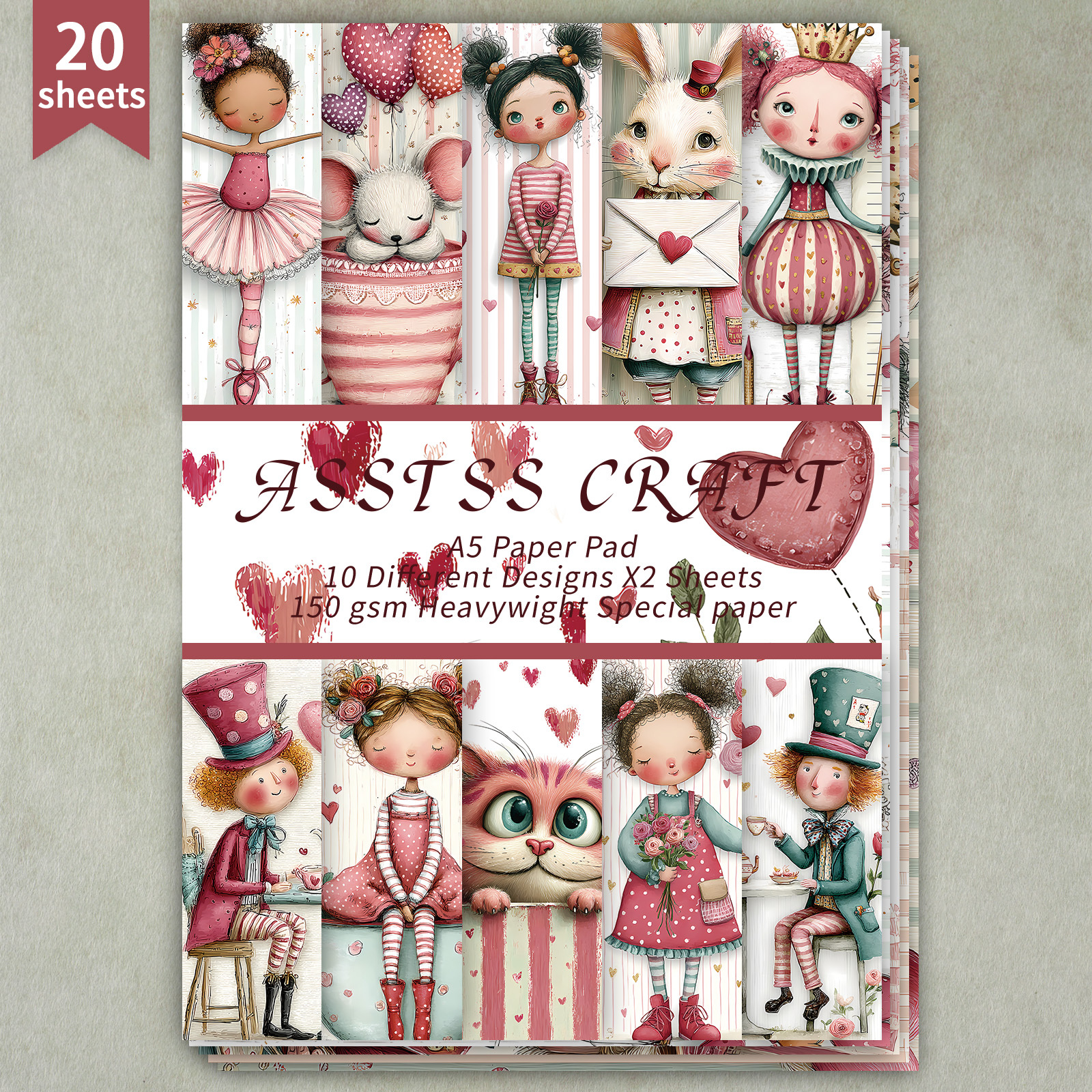 TEMU ASSTSS 20 Feuilles de Papier A5, Cœur Rose, Papier de Base Décoratif, Kit de Loisirs Créatifs, Journal Vintage et Papier Décoratif, Matériaux