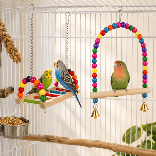 2pcs New Style Bird Cage Additions Bird Perch, Small Parrot Wooden Bird Stand, with Swinging Climbing Bridge, Suitable for Bird Play, Budgerigar Toy, Small Bird Supplies, Bird Toy, Bird Cage Decor Additions