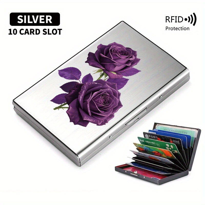 TEMU Stainless Steel Rfid Blocking Business Card Holder With Purple - Durable Aluminum Alloy, Anti-theft Function For Secure Credit Card Storage