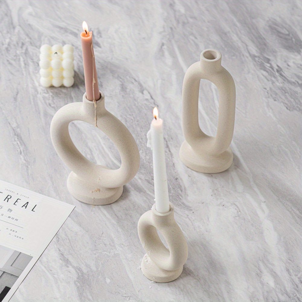 1pc Elegant Ceramic Candle Holder - Modern Minimalist Tabletop Decor with Open Circle Design, Beige/Neutral Tones for Dining Room, Living Room, Office - Durable Ceramic Construction, Compatible with Real or Electronic Candles - Home Decoration Cente