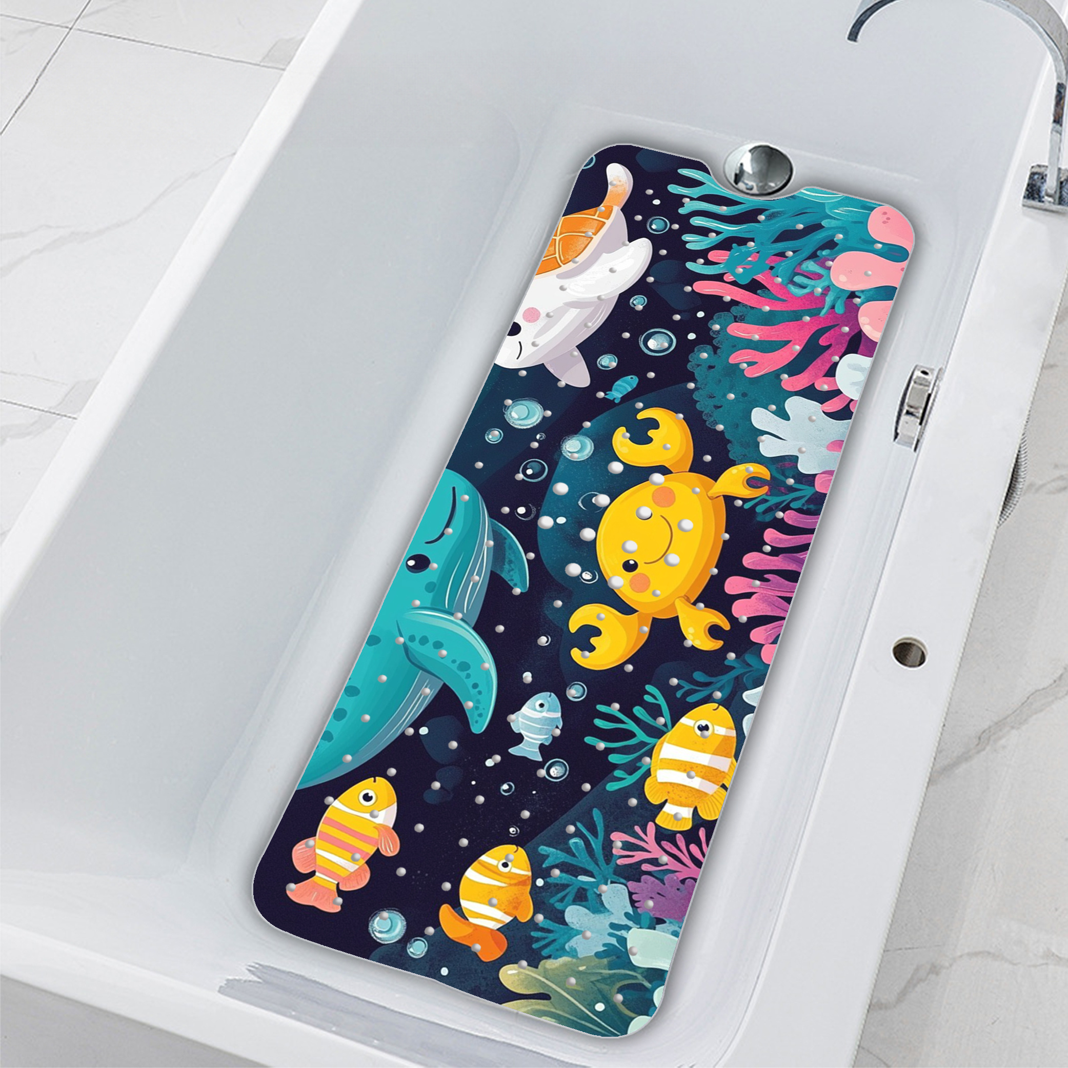 Image of Colorful Creatures Pattern Bathtub Mat, With Suction Cups And Drainage Holes, Machine Washable, Ideal For Bathtub, Floor, Home, Bathroom Mat Cartoon Bath Mat Machine Washable Mat Bathroom Accessories.
