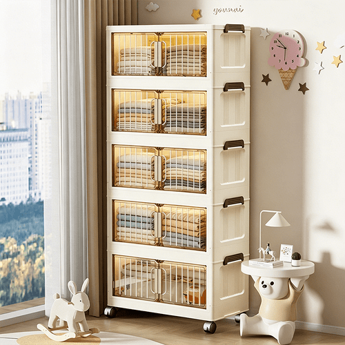 5 tier transparent foldable storage cabinet large capacity plastic storage box with casters portable wardrobe storage unit suitable for clothes bedrooms wardrobes and laundry rooms magnetic closure stackable drawers