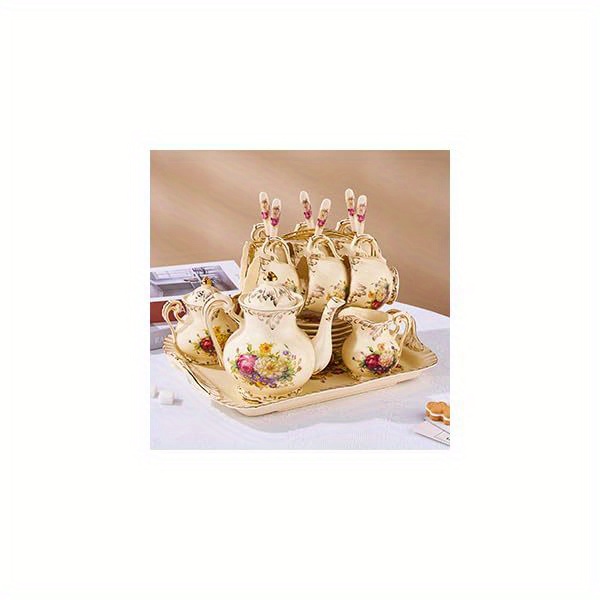   vintage floral tea cup and saucer set with   - elegant 8oz ceramic tea service, elegant beige & golden floral pattern, dishwasher safe (hand wash recommended) -   set for women, wedding, anniversary, housewarming gifts - elegant tableware for afternoon  , teacup set, porcelain tea cup, english tea set, cups for tea, tea pot and cup set Product details 1