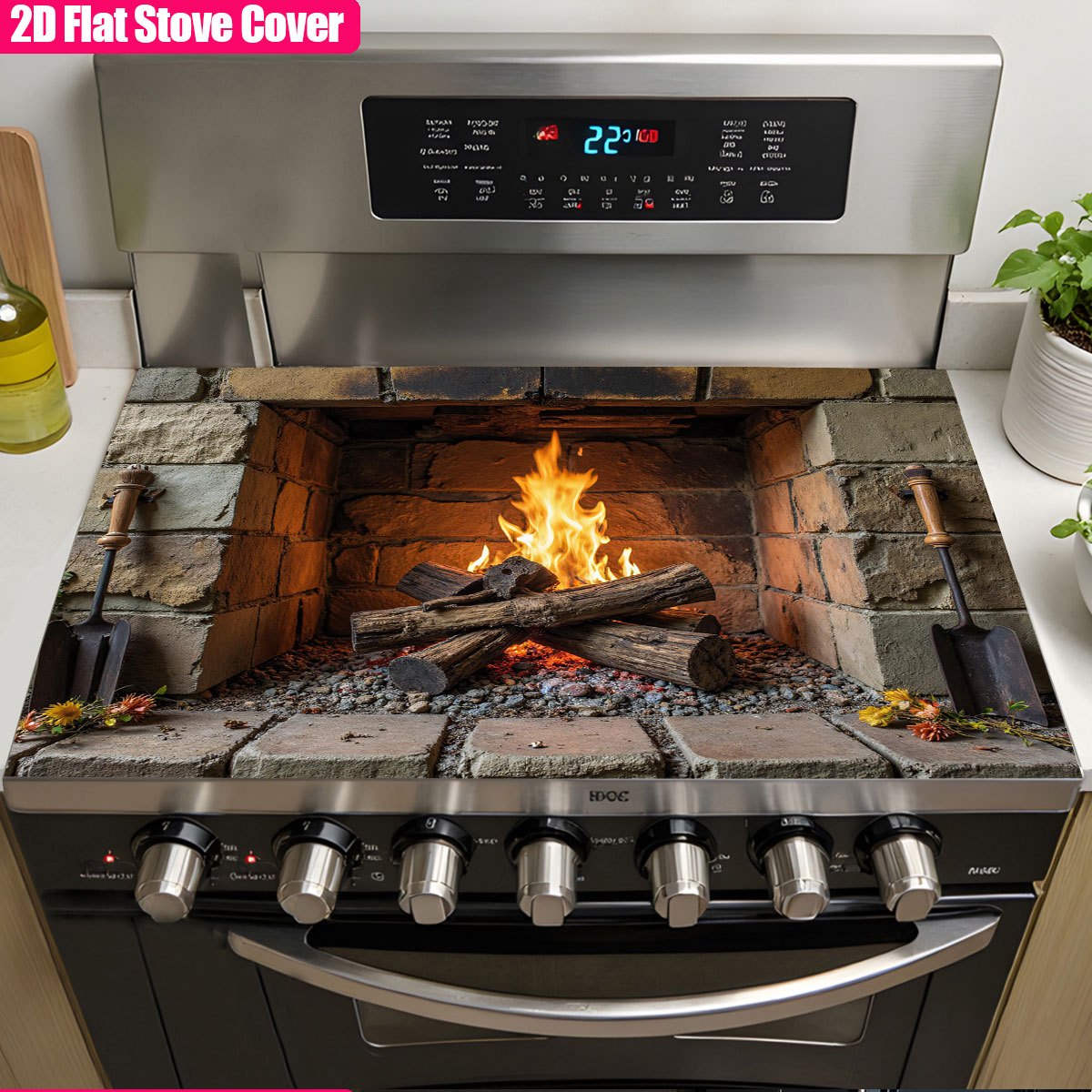 TEMU 1pc, 2d Flat Stove Top Cover For Electric Stove Burning Fire In A Stone Fireplace Cooktop Replacement Parts Panels Coasters Trivets Kitchen