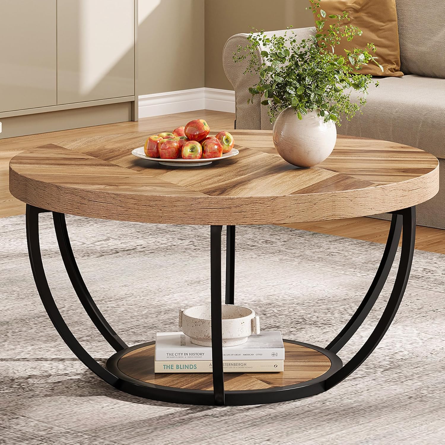 E-shop Runder Couchtisch für Wohnzimmer – Industriell Modernes 2-Etagen-Rundtisch mit Ablagefächern, Holz & Stabiler Rahmen, Retro Sofa-Beistelltisch