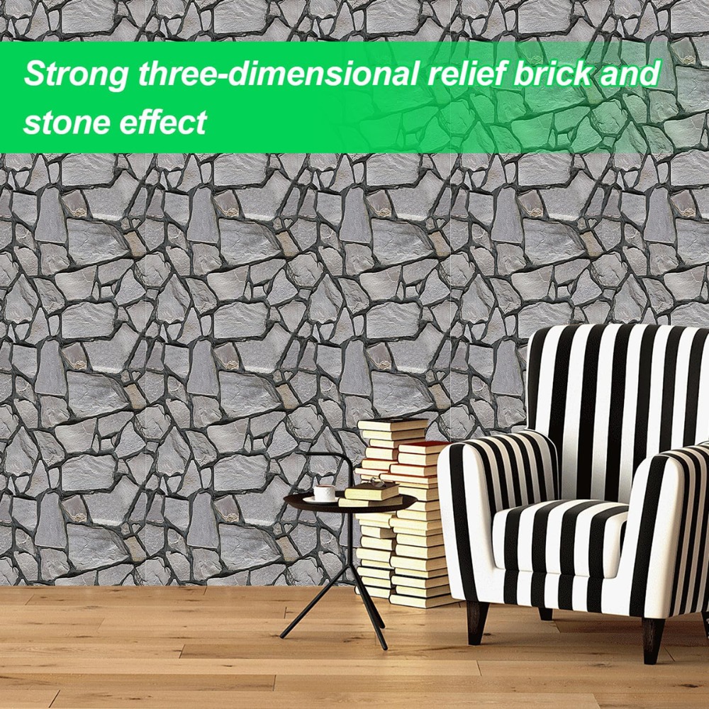 Image of Self-adhesive Wall Panels - Realistic 3d Brick & Stone Texture Pvc Wallpaper, Thick Insulating Layer For Soundproofing, -resistant Stone Effect Tiles For /outdoor Walls, Floors, Gardens (grey/black)