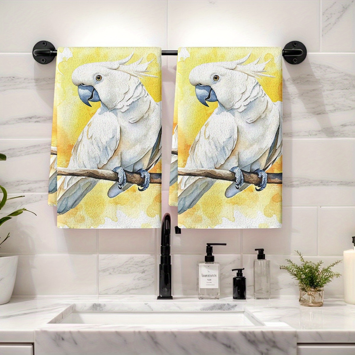TEMU 2pcs White Parrot Watercolor Style Tropical Bird Print Dish Towels | Absorbent Polyester, Hand Wash Only, Oblong Shape, Contemporary Style For