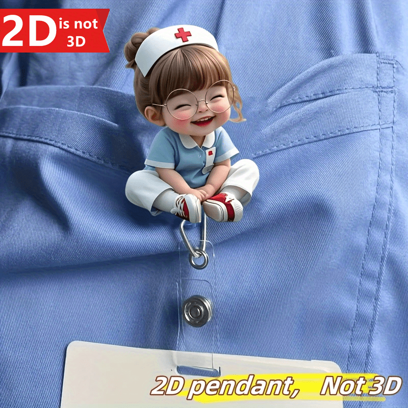 cute nurse girl 2d flat acrylic id holder with retractable badge clip durable   material red cross uniform glasses design for   students nurse practitioners workplace identification accessories nurse accessories   accessory quality   healthcare workers 2d flat
