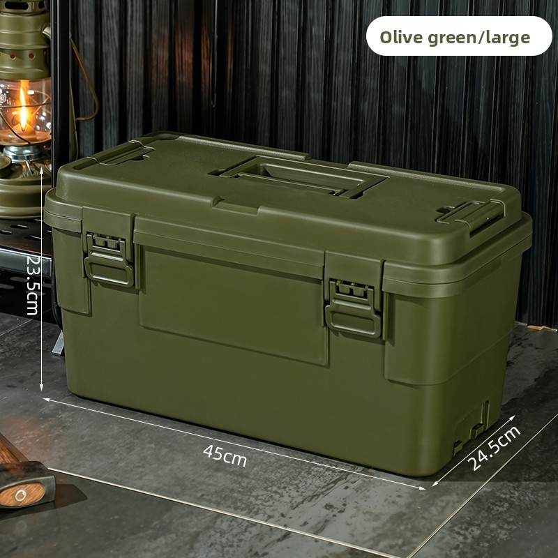 portable storage organizer featuring an industrial style toolbox with a   handle and   compartments details 1