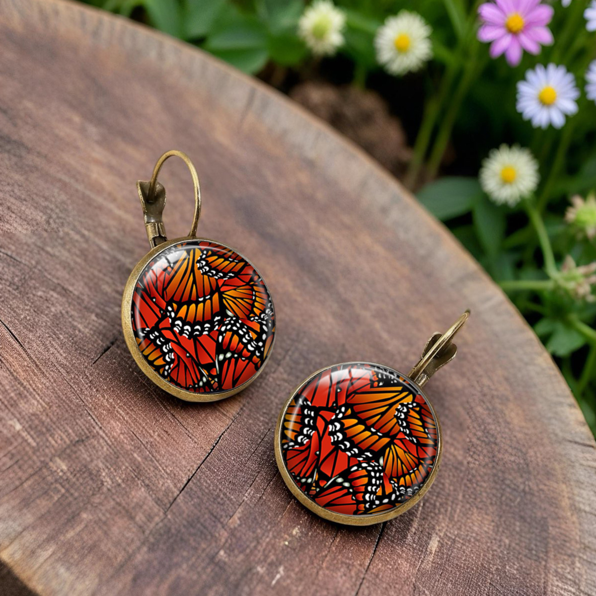 Monarch Butterfly Wing Pattern Round Glass Dome Dangle Earrings, Fashion Gift