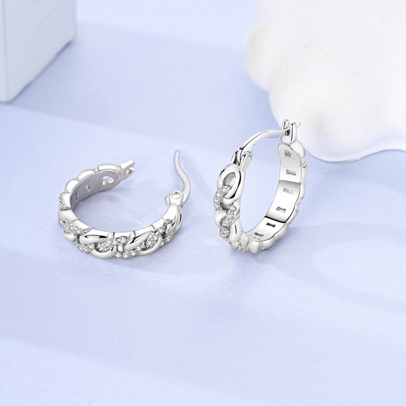 Women's Chain-Style White Earrings with S925 Sterling Silver Hoops