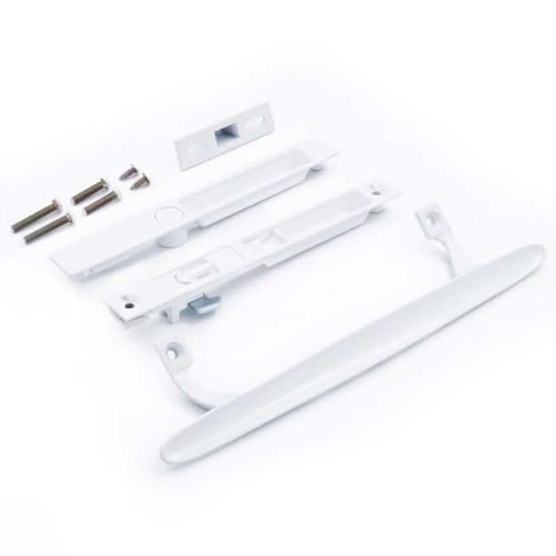 flush mount non   sliding glass   handle set fits   1 1 8 thick doors 6 5 8 h c night lock hook   non handed white