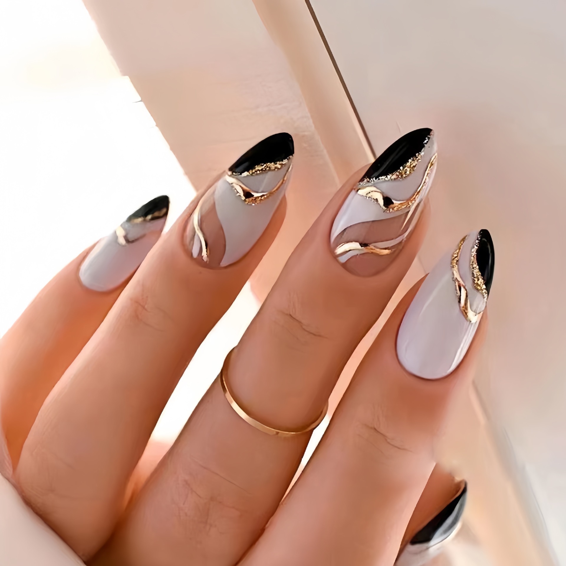 Image of 48pcs 2pcs Set Of Trendy Black And White Almond-shaped Nail Tips, Suitable For Prom Parties And - Includes Jelly Glue& Nail File, Essential Party Accessories, Colorful Nail Stickers