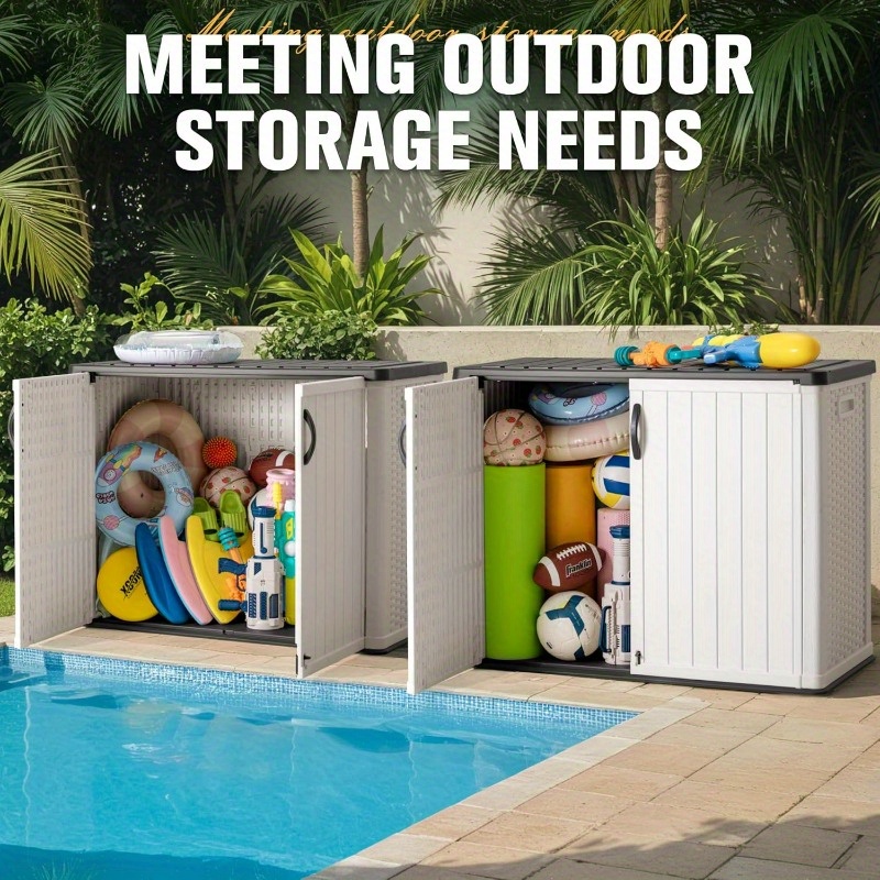 Large 27 Cu, ft Outdoor Horizontal Storage Shed - Heavy-Duty Resin Construction, Weatherproof Garden Shed with Ventilation Slots, Easy Assembly, for Backyard, Patio, Lawn, or Commercial Use - Ideal for Tools, Lawn Equipment, Seasonal Decor - White, Backyard Organization, Slatted Side Design, Durable Construction, Patio Organization, Sturdy Build, DIY Enthusiasts