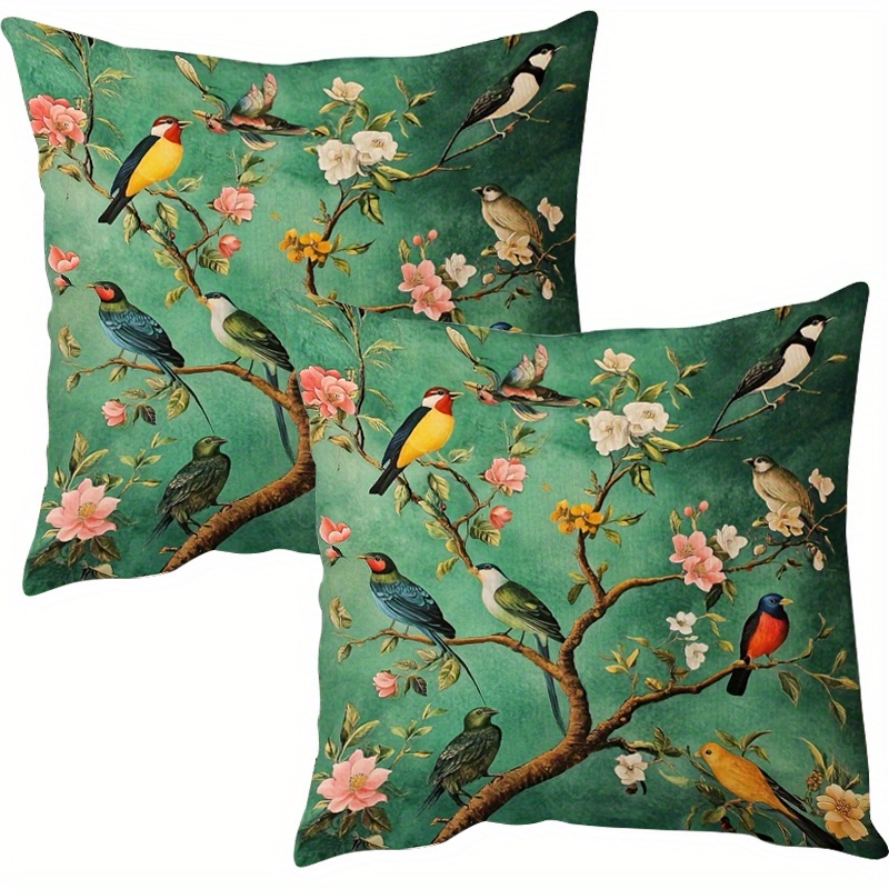 E-shop 2er-Set grüne Vintage-Kissenbezüge mit Blumen- und Vogeldruck - Moderner Stil, 100% Baumwolle, Reißverschluss, maschinenwaschbar - Vielseitige,